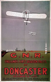 Poster produced for the Great Northern Railway (GNR) advertising the first aviation meeting held in England at Doncaster Racecourse, South Yorkshire from 15th to 23rd October 1909. The meeting was actually held at the same time as a rival event at Blackpool. Although the Blackpool event had the official backing of the Royal Aero Club, a number of prominent early aviators opted to take part in the Doncaster week, including Samuel Cody and Leon Delagrange. Apparently the amount of actual flying done was considerably limited by poor weather. Published by Photochrom Co Ltd of London and Tunbridge Wells Englands First Aviation Races, Doncaster, GNR poster, 1909