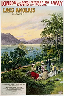 <b class=qtipBold><figcaption>'English Lakes', LNWR poster, c 1910</figcaption></b><br>Poster promoting the London & North Western Railway (LNWR) and Nord et PLM French railway travel. people having a picnic by Ullswater. Artwork by Clement Aunston. <br><em>© Please read our licence terms. All digital images must be destroyed unless otherwise agreed in writing.</em> 'English Lakes', LNWR poster, c 1910