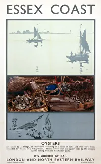 <b class=qtipBold><figcaption>'Essex Coast', LNER poster, 1933</figcaption></b><br>Poster produced for the London & North Eastern Railway, showing fishing smacks on the water, their catch of oysters, and an underwater scene depicting the use of a dredge. Artwork by Frank H Mason (1876- 1965), printed by Ben Johnson & Co Ltd, York. <br><em>© Please read our licence terms. All digital images must be destroyed unless otherwise agreed in writing.</em> 'Essex Coast', LNER poster, 1933