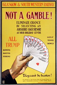 Poster produced for Glasgow & South Western Railway (GSWR) to promote train services to resorts along the Ayrshire coast. The theme of the poster is that there is no chance involved in choosing a resort in Ayrshire because they are all winners. The poster shows a hand holding playing cards, each with the name of a town written on it: Largs, Fairlie, West Kilbride, Ardrosan, Saltcoats, Stevenston, Irvine, Barasie, Troon, Prestwick, Ayr, Girvan and Turnberry. Activities on offer are bathing, boating, fishing, golf, tennis, bowls Not a Gamble!, GSWR poster, 1910