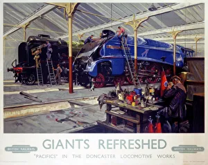 <b class=qtipBold><figcaption>'Giants Refreshed', BR poster, 1947</figcaption></b><br>Poster produced for British Railways showing men maintaining locomotives at the Doncaster works, Yorkshire. Two workers are painting the 'Sir Ronald Matthews' locomotive while others are replacing the name plate on the 'Owen Tudor' locomotive. To prepare for this painting the artist was invited to the Doncaster works where he made preparatory sketches of the Sir Reginald Mathews locomotive. Artwork by Terence Cuneo, son of the artists Cyrus and Nell Cuneo. He studied at the Chelsea and Slade Art Schools and in addition to a long career designing railway posters, he also painted portraits (including royal portraits) and ceremonial and military subjects. <br><em>© Please read our licence terms. All digital images must be destroyed unless otherwise agreed in writing.</em> 'Giants Refreshed', BR poster, 1947