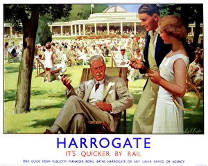 <b class=qtipBold><figcaption>'Harrogate', LNER poster, c 1930s</figcaption></b><br>Poster produced for London & North Eastern Railway to promote rail travel to Harrogate, Yorkshire. The poster shows holidaymakers relaxing in deck chairs in the Valley Gardens. Artwork by Septimus E Scott (1879-1965), who was born in Sunderland and studied at the Royal College of Art. He also designed posters for London, Midland & Scottish Railway (LMS). <br><em>© Please read our licence terms. All digital images must be destroyed unless otherwise agreed in writing.</em> 'Harrogate', LNER poster, c 1930s