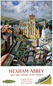 <b class=qtipBold><figcaption>'Hexham Abbey', BR poster, 1958</figcaption></b><br>Poster produced by British Railways (BR) to promote train services to Hexham Abbey 'and the lovely Tyne Valley', Northumberland. Artwork by Dennis Flanders. <br><em>© Please read our licence terms. All digital images must be destroyed unless otherwise agreed in writing.</em> 'Hexham Abbey', BR poster, 1958