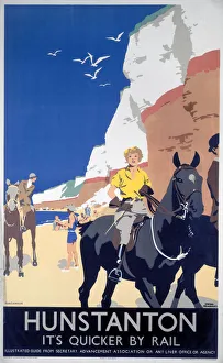 <b class=qtipBold><figcaption>'Hunstanton', LNER poster, 1923-1947</figcaption></b><br>London & North Eastern Railway (LNER) poster promoting rail travel to Hunstanton, Norfolk. Artwork by Frank Newbould. <br><em>© Please read our licence terms. All digital images must be destroyed unless otherwise agreed in writing.</em> 'Hunstanton', LNER poster, 1923-1947