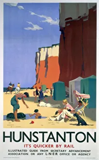 <b class=qtipBold><figcaption>'Hunstanton', LNER poster, 1923-1947</figcaption></b><br>London & North Eastern Railway (LNER) poster advertising rail services to the Norfolk resort of Hunstanton. Artwork by H G Gawthorn. <br><em>© Please read our licence terms. All digital images must be destroyed unless otherwise agreed in writing.</em> 'Hunstanton', LNER poster, 1923-1947