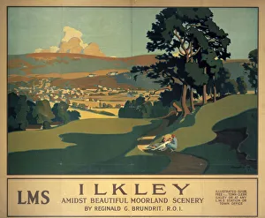 Poster produced for the London Midland & Scottish Railway to advertise their free illustrated guide to Ilkley on the Yorkshire Moors. The poster is illustrated with three women on the moors overlooking town. Artwork by Reginald G Brundit. Printed by David Allen & Sons Ltd of London and Belfast. Dimensions: 1050mm x 1270mm Ilkley, LMS poster, 1926