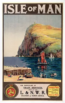 <b class=qtipBold><figcaption>Isle of Man', LNWR poster, c 1900</figcaption></b><br>London & North Western Railway poster showing the beach, bay and cliffs. Artwork by Sam J M Brown.<br><em>© Please read our licence terms. All digital images must be destroyed unless otherwise agreed in writing.</em> Isle of Man', LNWR poster, c 1900