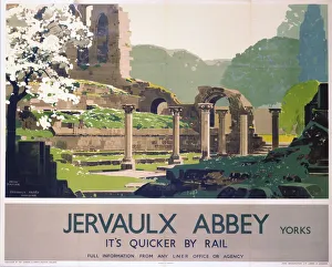 <b class=qtipBold><figcaption>'Jervaulx Abbey', LNER poster, 1933</figcaption></b><br>Poster produced by London & North Eastern Railway (LNER) to promote rail services to Yorkshire. The poster shows a view of Jervaulx Abbey, the remains of a 12th century Cisterian monastic house above the River Ure. Artwork by Fred Taylor, who was commissioned in 1930 to design four ceiling paintings for the Underwriting Room at Lloyd's and murals for Reed's Lacquer Room. He exhibited at the Royal Academy and other London galleries and worked for LNER, London Transport and several shipping companies. <br><em>© Please read our licence terms. All digital images must be destroyed unless otherwise agreed in writing.</em> 'Jervaulx Abbey', LNER poster, 1933