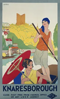 <b class=qtipBold><figcaption>'Knaresborough', LNER poster, c 1930</figcaption></b><br>Poster produced for London & North Eastern Railway (LNER) to promote rail travel to Knaresborough, North Yorkshire. The poster shows two elegant women in a punt on the river. One stands up to steer while the other sits under a parasol. The ruins of Knaresborough Castle are visible in the background. Artwork by Wilton Williams <br><em>© Please read our licence terms. All digital images must be destroyed unless otherwise agreed in writing.</em> 'Knaresborough', LNER poster, c 1930