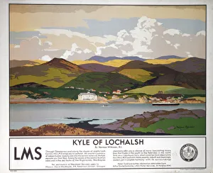 Poster produced for London Midland and Scottish Railway (LMSR) to promote train services to Kyle of Lochalsh in the Highlands. The poster shows a view from Skye across the Kyle to Lochalsh Hotel with a MacBraynes steamer on the Loch. The text beneath promotes the region, MacBraynes steamers and the LMS Lochalsh Hotel. Artwork by Norman Wilkinson, who studied art at Portsmouth and Southsea Schools of Art. A famous marine painter, he designed posters for the London & North Western Railway (LNWR), the London & Midlands Railway (LMR) and Southern Railway (SR) and organised the Royal Academy series of posters for the London & Midlands Railway (LMR) in 1924. Dimensions: 1016 mm x 635 mm Kyle of Lochalsh, LMSR poster, 1930s