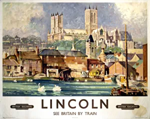 <b class=qtipBold><figcaption>'Lincoln', BR poster, 1948-1965</figcaption></b><br>British Railways (Eastern Region) poster of Lincoln with Lincoln Cathedral in the background. <br><em>© Please read our licence terms. All digital images must be destroyed unless otherwise agreed in writing.</em> 'Lincoln', BR poster, 1948-1965