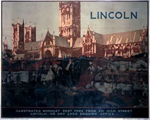 <b class=qtipBold><figcaption>'Lincoln', LNER poster, 1924</figcaption></b><br>Poster produced for the London & North Eastern Railway (LNER), promoting rail travel to the city of Lincoln, showing a view of Lincoln Cathedral. Artwork by Fred Taylor (1875-1963). Printed by John Waddington Ltd, Leeds and London. <br><em>© Please read our licence terms. All digital images must be destroyed unless otherwise agreed in writing.</em> 'Lincoln', LNER poster, 1924