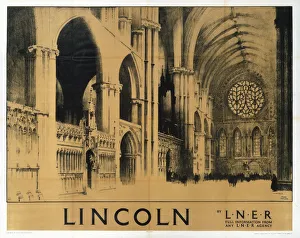 <b class=qtipBold><figcaption>'Lincoln', LNER poster, 1930</figcaption></b><br>Poster produced for London & North Eastern Railway (LNER) to promote rail travel to Lincoln. The poster shows an interior view of Lincoln Cathedral. Artwork by Fred Taylor (1875-1963), who was commissioned in 1930 to design four ceiling paintings for the Underwriting Room at Lloyd's and murals for Reed's Lacquer Room. He exhibited at the Royal Academy and other London galleries and worked for LNER, London Transport and several shipping companies. Dimensions: 1016 mm x 1270 mm. <br><em>© Please read our licence terms. All digital images must be destroyed unless otherwise agreed in writing.</em> 'Lincoln', LNER poster, 1930