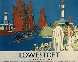<b class=qtipBold><figcaption>'Lowestoft', LNER/LMS poster, 1930</figcaption></b><br>Poster produced for London & North Eastern Railway (LNER) and London, Midland & Scottish Railway (LMS) to promote rail travel to Lowestoft, Suffolk. The poster shows boats with large red sails sailing by as people on the promenade look on. Artwork by Kenneth Denton Shoesmith, who spent time at sea and painted marine subjects. He was a member of the British School of Poster Designers. <br><em>© Please read our licence terms. All digital images must be destroyed unless otherwise agreed in writing.</em> 'Lowestoft', LNER/LMS poster, 1930