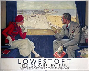 <b class=qtipBold><figcaption>'Lowestoft', LNER/LMS poster, 1933</figcaption></b><br>Poster produced for the London & North Eastern Railway (LNER) and London, Midland & Scottish Railway (LMS), promoting rail travel to the Suffolk coastal resort of Lowestoft, showing a fashionably dressed couple looking at the beach, piers and sea through the window of their train carriage. Artwork by Arthur C Michael. Printed by R H Perry, 20 Great Portland Street, W1. Dimensions: 1030mm x 1275mm. <br><em>© Please read our licence terms. All digital images must be destroyed unless otherwise agreed in writing.</em> 'Lowestoft', LNER/LMS poster, 1933