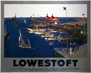 <b class=qtipBold><figcaption>'Lowestoft', LNER poster, 1930</figcaption></b><br>Poster produced for the London & North Eastern Railway (LNER), promoting rail travel to the Suffolk resort of Lowestoft, showing a view of visitors strolling on the South Pier, where yachts are seen moored. Artwork by Frank Henry Mason (1876-1965). Printed by Chorley & Pickersgill Ltd, Lithographers, Leeds. Dimensions: 1014mm x 1268mm. <br><em>© Please read our licence terms. All digital images must be destroyed unless otherwise agreed in writing.</em> 'Lowestoft', LNER poster, 1930