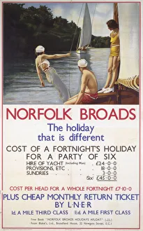 <b class=qtipBold><figcaption>'Norfolk Broads', LNER poster, 1930s</figcaption></b><br>Poster produced for the London & North Eastern Railway (LNER) to promote yachting holidays on the Norfolk Broads. The poster shows two women and a man relaxing on a yacht. Prices for a fortnight's holiday for a party of six are detailed in the text below the image. Artwork by unknown artist. <br><em>© Please read our licence terms. All digital images must be destroyed unless otherwise agreed in writing.</em> 'Norfolk Broads', LNER poster, 1930s