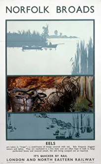 <b class=qtipBold><figcaption>'Norfolk Broads', LNER poster, 1933</figcaption></b><br>Poster produced for the London & North Eastern Railway (LNER), subtitled 'Eels - It's Quicker by Rail', showing three images illustrating eel fishing on the Norfolk Broads. Artwork by Frank Mason (1876-1965). Printed by Ben Johnson & Co Ltd, York. Dimensions: 1016mm x 635mm. <br><em>© Please read our licence terms. All digital images must be destroyed unless otherwise agreed in writing.</em> 'Norfolk Broads', LNER poster, 1933