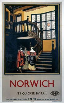 <b class=qtipBold><figcaption>'Norwich', LNER poster, 1923-1947</figcaption></b><br>Poster produced for the London & North Eastern Railway (LNER), promoting rail travel to Norwich in Norfolk: 'It's Quicker by Rail', showing two women and a man, dressed in 17th century costume, standing in a hall at the foot of a staircase in Strangers' Hall. Built as a townhouse in mediaeval times, Strangers' Hall passed into the ownership of a grocer, Francis Cock, in 1621. Cock was responsible for installing the impressive wooden staircase and bay window shown here. Artwork by Fred Taylor (1875-1963). <br><em>© Please read our licence terms. All digital images must be destroyed unless otherwise agreed in writing.</em> 'Norwich', LNER poster, 1923-1947