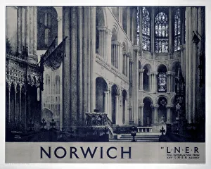 <b class=qtipBold><figcaption>'Norwich', LNER poster, 1923-1947</figcaption></b><br>London & North Eastern Railway (LNER) poster showing an interior view of Norwich Cathedral. Artwork by Fred Taylor. <br><em>© Please read our licence terms. All digital images must be destroyed unless otherwise agreed in writing.</em> 'Norwich', LNER poster, 1923-1947