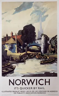 <b class=qtipBold><figcaption>'Norwich', LNER poster, 1940</figcaption></b><br>Poster produced for London & North Eastern Railway (LNER). Artwork by Rowland Hilder. <br><em>© Please read our licence terms. All digital images must be destroyed unless otherwise agreed in writing.</em> 'Norwich', LNER poster, 1940