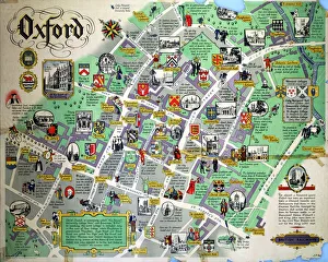 <b class=qtipBold><figcaption>'Oxford', BR (WR) poster, 1949</figcaption></b><br>Poster in the form of a pictorial map of the city produced for British Railways (Western Region). Artwork by J P Sayer. Printed by Chromoworkshops. 1050 x 1270mm. <br><em>© Please read our licence terms. All digital images must be destroyed unless otherwise agreed in writing.</em> 'Oxford', BR (WR) poster, 1949