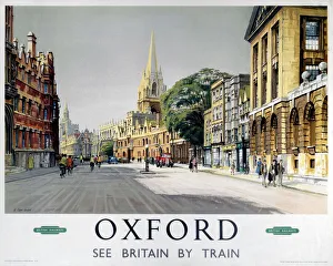 <b class=qtipBold><figcaption>'Oxford', BR (WR) poster, 1958</figcaption></b><br>British Railways poster promoting Oxford, the city of spires, showing Broad Street. Artwork by A Carr Linford. <br><em>© Please read our licence terms. All digital images must be destroyed unless otherwise agreed in writing.</em> 'Oxford', BR (WR) poster, 1958