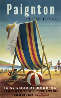 <b class=qtipBold><figcaption>'Paignton', BR poster, 1948-1965</figcaption></b><br>Poster produced for British Railways (BR) to promote rail travel to the seaside resort of Paignton in South Devon. The poster shows a deckchair, beach ball and bucket and spade on a beach, with families seen in the background, playing at the water's edge. Artwork by E Lander. <br><em>© Please read our licence terms. All digital images must be destroyed unless otherwise agreed in writing.</em> 'Paignton', BR poster, 1948-1965