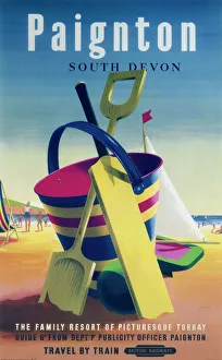 <b class=qtipBold><figcaption>'Paignton', BR poster, 1955</figcaption></b><br>Poster produced for British Railways (BR) to promote rail travel to Paignton, South Devon, 'the family resort of picturesque Torbay'. The poster shows a colourful bucket and spade for playing with on the beach, with a beach scene in the distance. Artwork by E Lander. <br><em>© Please read our licence terms. All digital images must be destroyed unless otherwise agreed in writing.</em> 'Paignton', BR poster, 1955