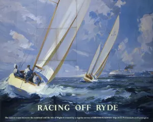 <b class=qtipBold><figcaption>'Racing off Ryde', BR poster, 1950s</figcaption></b><br>Poster produced for British Railways (Southern Region) to promote their services to the Isle of Wight. The poster shows two sail boats with a British Rail ship approaching from the distance. British Railways offered a regular service from Portsmouth and Lymington to the Isle of Wight. The blue sky with its white clouds seem to merge with the blue water with its white foam in the painting, executed in a predominately blue palette. Artwork by Claude Buckle, who originally trained as an architect but turned to fine art in 1928. He painted in both oil and watercolour and was a prolific poster artis for the Great Western Railway (GWR) and British Railways (BR). Much of his original poster artwork is held at the National Railway Museum.<br><em>© Please read our licence terms. All digital images must be destroyed unless otherwise agreed in writing.</em> 'Racing off Ryde', BR poster, 1950s