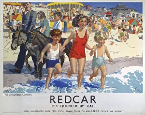 <b class=qtipBold><figcaption>'Redcar', LNER poster, 1930s</figcaption></b><br>Poster produced for the London & North Eastern Railway (LNER) to promote rail travel to the popular North Sea coastal resort of Redcar. The poster shows the attractions of 'Children's Corner'. Here, children are shown on funfair rides, paddling, riding donkeys and playing in the sand. Artwork by E Oakdale. <br><em>© Please read our licence terms. All digital images must be destroyed unless otherwise agreed in writing.</em> 'Redcar', LNER poster, 1930s