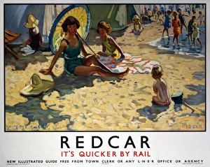 <b class=qtipBold><figcaption>'Redcar', LNER poster, 1934-1935</figcaption></b><br>Poster produced by London & North Eastern Railway (LNER) to promote rail travel to Redcar in Yorkshire. Artwork by Dorothea Sharp (1874-1955), who studied art at Regent Street Polytechnic and in Paris. She lived in London and in St Ives and painted landscapes and figures in oil. <br><em>© Please read our licence terms. All digital images must be destroyed unless otherwise agreed in writing.</em> 'Redcar', LNER poster, 1934-1935
