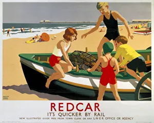 <b class=qtipBold><figcaption>'Redcar', LNER poster, 1936-1937</figcaption></b><br>Poster produced by London & North Eastern Railway (LNER) to promote train services to Redcar in Yorkshire. Artwork by Leonard Cusden. <br><em>© Please read our licence terms. All digital images must be destroyed unless otherwise agreed in writing.</em> 'Redcar', LNER poster, 1936-1937