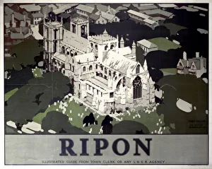 <b class=qtipBold><figcaption>'Ripon', LNER poster, 1923-1947</figcaption></b><br>London & North Eastern Railway poster showing Ripon Cathedral from above, based on a photo by Aerofilms Ltd, by artist Fred Taylor. <br><em>© Please read our licence terms. All digital images must be destroyed unless otherwise agreed in writing.</em> 'Ripon', LNER poster, 1923-1947