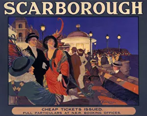 <b class=qtipBold><figcaption>'Scarborough', NER poster, c 1910</figcaption></b><br>Poster produced for North Eastern Railway (NER) to promote rail travel to the coastal resort of Scarborough, North Yorkshire. The poster shows an elegantly dressed crowd on the promenade overlooking the water at night. Artwork by J F Woolrich. <br><em>© Please read our licence terms. All digital images must be destroyed unless otherwise agreed in writing.</em> 'Scarborough', NER poster, c 1910