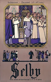 <b class=qtipBold><figcaption>'Selby', LNER poster, 1932</figcaption></b><br>Poster produced for the London & North Eastern Railway (LNER), promoting rail travel to the market town and port of Selby in North Yorkshire, which is famous for its abbey, showing an illustration of a mediaeval religious procession, drawn in the style of the time. The 'Decorated' period refers to a stage of English Gothic church architecture typical of the 13th and 14th century, which was characterised by geometrical, curvilinear and reticulated tracery. Artwork by Fred Taylor (1875-1963). <br><em>© Please read our licence terms. All digital images must be destroyed unless otherwise agreed in writing.</em> 'Selby', LNER poster, 1932