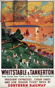 Prints of Colour poster produced for the Southern Railway (SR) to promote rail services to the coastal resorts of Whitstable and Tankerton, in Kent. The artist is Cecil King England Prints: Whitstable and Tankerton Colour Print, 1936