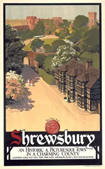<b class=qtipBold><figcaption>'Shrewsbury', LMS poster, c 1920s</figcaption></b><br>Poster produced for London, Midland & Scottish Railway (LMS) to promote rail travel to Shrewsbury in Shropshire, 'a historic and picturesque town in a charming county'. The poster shows a view of timbered houses with the castle in the background. Artwork by F Whatley. Dimensions: 1015 mm x 635 mm. <br><em>© Please read our licence terms. All digital images must be destroyed unless otherwise agreed in writing.</em> 'Shrewsbury', LMS poster, c 1920s