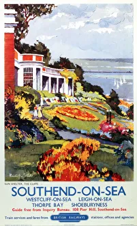 <b class=qtipBold><figcaption>'Southend-On-Sea', BR poster, 1960</figcaption></b><br>Poster produced for British Railways (BR), subtitled 'Sun Shelter, The Cliffs', promoting rail travel to the Essex resort of Southend-On-Sea, showing a view of a garden pavilion, surrounded by ornamental flower beds, with the sea in the background. Artwork by Kenneth Steel. Printed by Jarrold & Sons Ltd, Norfolk. <br><em>© Please read our licence terms. All digital images must be destroyed unless otherwise agreed in writing.</em> 'Southend-On-Sea', BR poster, 1960