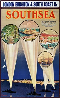 <b class=qtipBold><figcaption>'Southsea', LBSCR poster, c 1910s</figcaption></b><br>London Brighton & Southcoast Railway poster showing Four warships at sea shining spotlights containing images of HMS Victory, South Parade, the municipal pier and Horndean Woods, by artist Guy Lipscombe. <br><em>© Please read our licence terms. All digital images must be destroyed unless otherwise agreed in writing.</em> 'Southsea', LBSCR poster, c 1910s