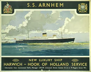 <b class=qtipBold><figcaption>'SS Arnhem', LNER poster, 1935</figcaption></b><br>Poster produced for the London & North Eastern Railway (LNER) to promote its new luxury passenger ship the 'SS Arnhem', which operated on services from Harwich, Essex to the Hook of Holland. The Arnhem entered service in 1947, and sailed this route until 1969, when it was scrapped. The 4, 891 tonne ship is shown here at sea, approaching the Hook of Holland. Artwork by Frank H Mason (1876- 1965). <br><em>© Please read our licence terms. All digital images must be destroyed unless otherwise agreed in writing.</em> 'SS Arnhem', LNER poster, 1935
