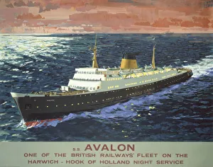 <b class=qtipBold><figcaption>'SS Avalon', BR poster, 1950s</figcaption></b><br>Poster produced for British Railways (BR) Eastern Region (ER) to promote travel on the BR fleet on the Harwich - Hook of Holland night service. The poster shows a view of the SS Avalon, one of the steamships operating on the service. Artwork by Johnston. <br><em>© Please read our licence terms. All digital images must be destroyed unless otherwise agreed in writing.</em> 'SS Avalon', BR poster, 1950s