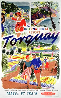 <b class=qtipBold><figcaption>'Torquay', BR poster, 1956</figcaption></b><br>Poster produced by British Railways (BR) to promote train services to Torquay in Devon. Artwork by Brookshaw. <br><em>© Please read our licence terms. All digital images must be destroyed unless otherwise agreed in writing.</em> 'Torquay', BR poster, 1956