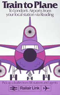 <b class=qtipBold><figcaption>'Train to Plane', BR poster, c 1980s</figcaption></b><br>Poster produced for British Rail (BR) to promote Railair Link services - rail services to London's airports via Reading, Berkshire. The poster is illustrated with a frontal view of a stylised pink and mauve aeroplane. Artwork by an unknown artist. <br><em>© Please read our licence terms. All digital images must be destroyed unless otherwise agreed in writing.</em> 'Train to Plane', BR poster, c 1980s
