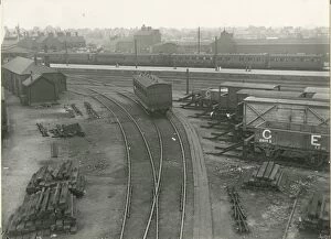 View of north end of station platform, with locomotive running shed in background