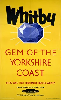 <b class=qtipBold><figcaption>'Whitby', BR poster, 1958</figcaption></b><br>Poster produced by British Railways (BR) to pomote rail services to Whitby, 'gem of the Yorkshire Coast'. Artwork by an unknown artist. <br><em>© Please read our licence terms. All digital images must be destroyed unless otherwise agreed in writing.</em> 'Whitby', BR poster, 1958