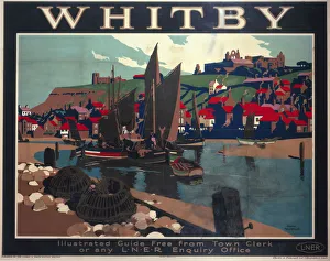 <b class=qtipBold><figcaption>'Whitby', LNER poster, 1930</figcaption></b><br>Poster produced for the London & North Eastern Railway (LNER), promoting rail travel to the resort and small port on the coast of North Yorkshire, showing fishing boats in the harbour, with the town in the background, and lobster pots seen in in the foreground. Artwork by Frank Newbould (1887- 1951). Printed by Chorley & Pickersgill Ltd Lithographers, Leeds. <br><em>© Please read our licence terms. All digital images must be destroyed unless otherwise agreed in writing.</em> 'Whitby', LNER poster, 1930