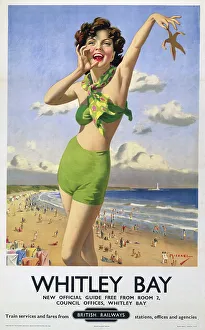 <b class=qtipBold><figcaption>'Whitley Bay', BR poster, 1948-1965</figcaption></b><br>Poster produced for British Railways (BR) to promote rail travel to Whitley Bay, Tyne and Wear. The poster shows a young woman in a green bikini holding up a starfish, with the beach stretching out behind her. Artwork by Arthur C Michael, a painter and etcher who worked mainly in watercolour or bodycolour. He illustrated books and periodicals and designed posters for London & North Eastern Railway (LNER). <br><em>© Please read our licence terms. All digital images must be destroyed unless otherwise agreed in writing.</em> 'Whitley Bay', BR poster, 1948-1965