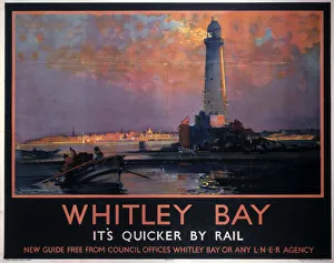 <b class=qtipBold><figcaption>'Whitley Bay', LNER poster, 1933</figcaption></b><br>Poster produced for the London & North Eastern Railway (LNER) to promote rail travel to Whitley Bay, Tyne and Wear. The poster shows a lighthouse, with fishermen in a small rowing boat seen in the foreground. Artwork by Frank Mason (1876-1965), who was educated at HMS Conway and spent time at sea. He painted marine and coastal subjects. In addition to designing railway posters, he was also involved in engineering and shipbuilding in Leeds and Hartlepool. <br><em>© Please read our licence terms. All digital images must be destroyed unless otherwise agreed in writing.</em> 'Whitley Bay', LNER poster, 1933