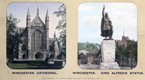 Images Dated 14th March 2003: Winchester Cathedral and King Alfreds Statue, Winchester, Hampshire, 1910s